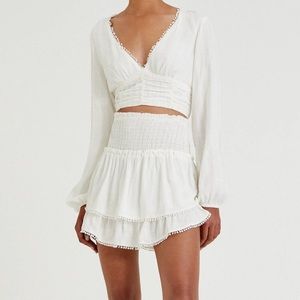 Iace trim long sleeve blouse and ruffled panelled lace trim mini skirt